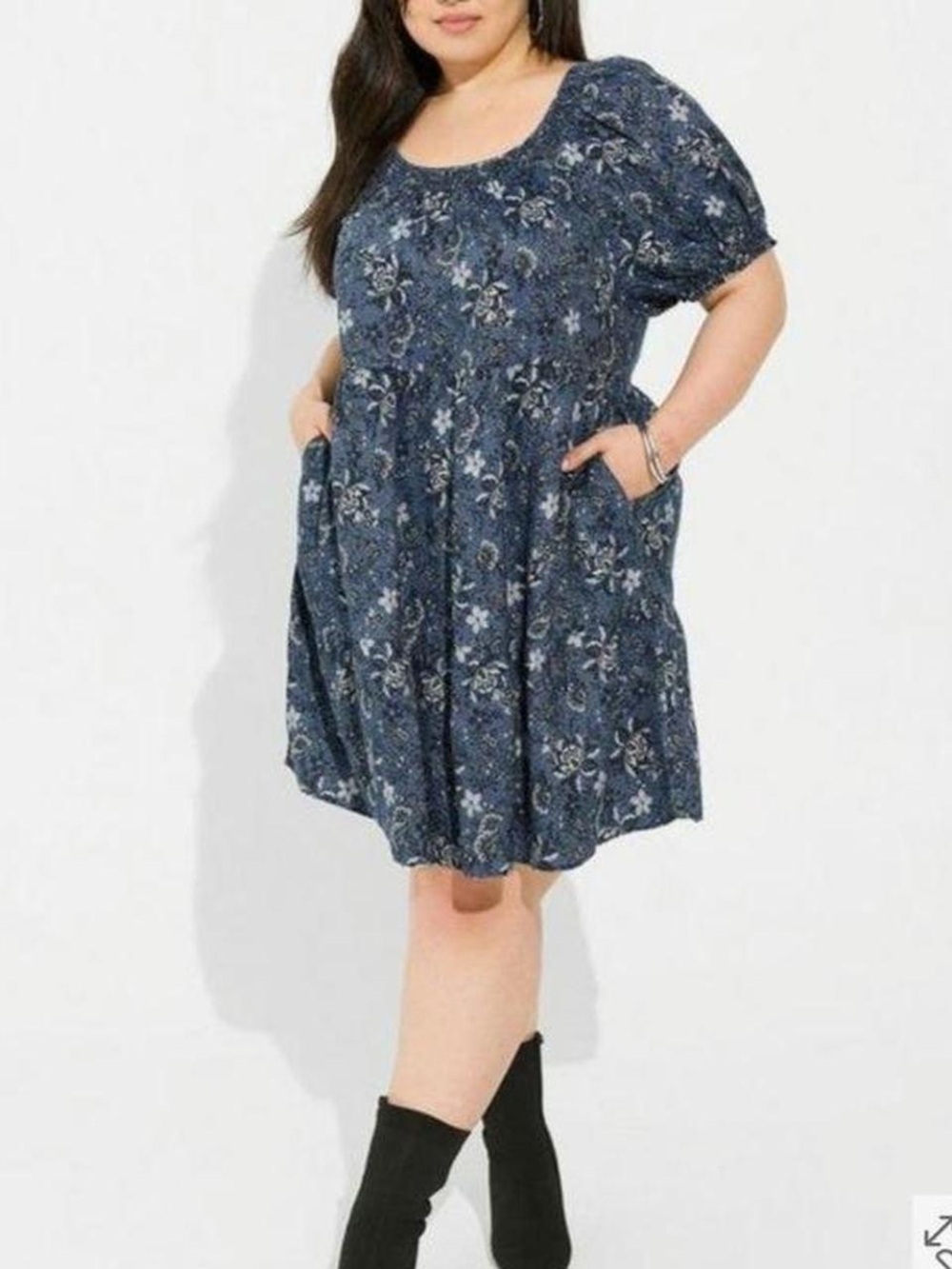 Torrid Denim Floral Puff Sleeve Babydoll Dress